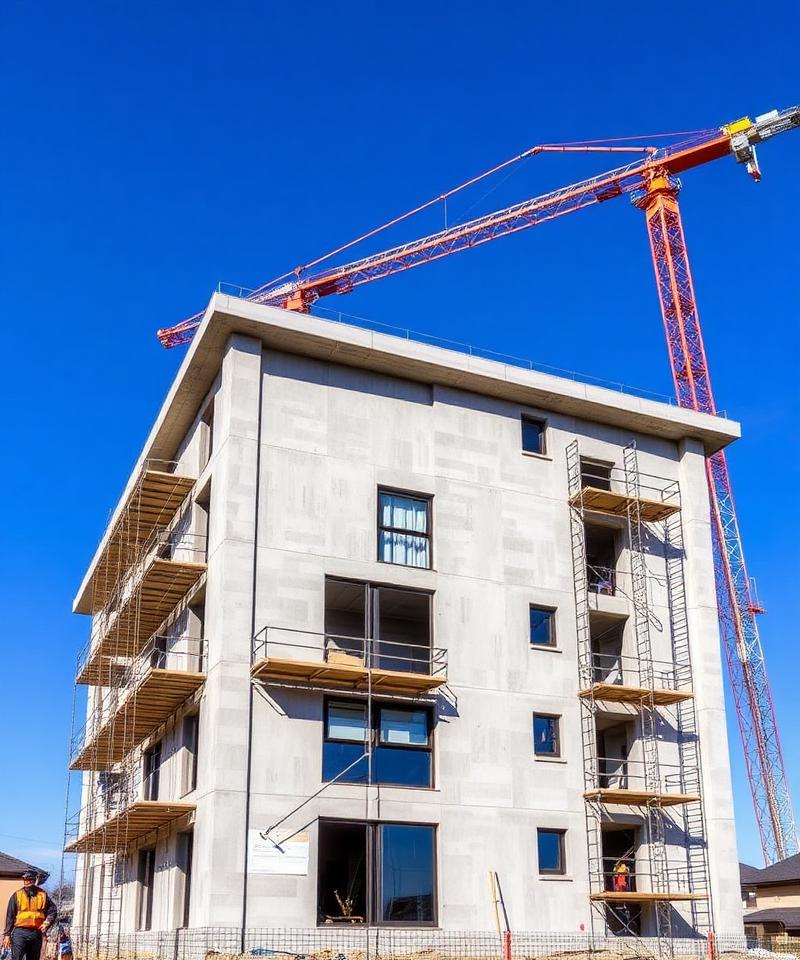 Residential construction site with crane and scaffolding